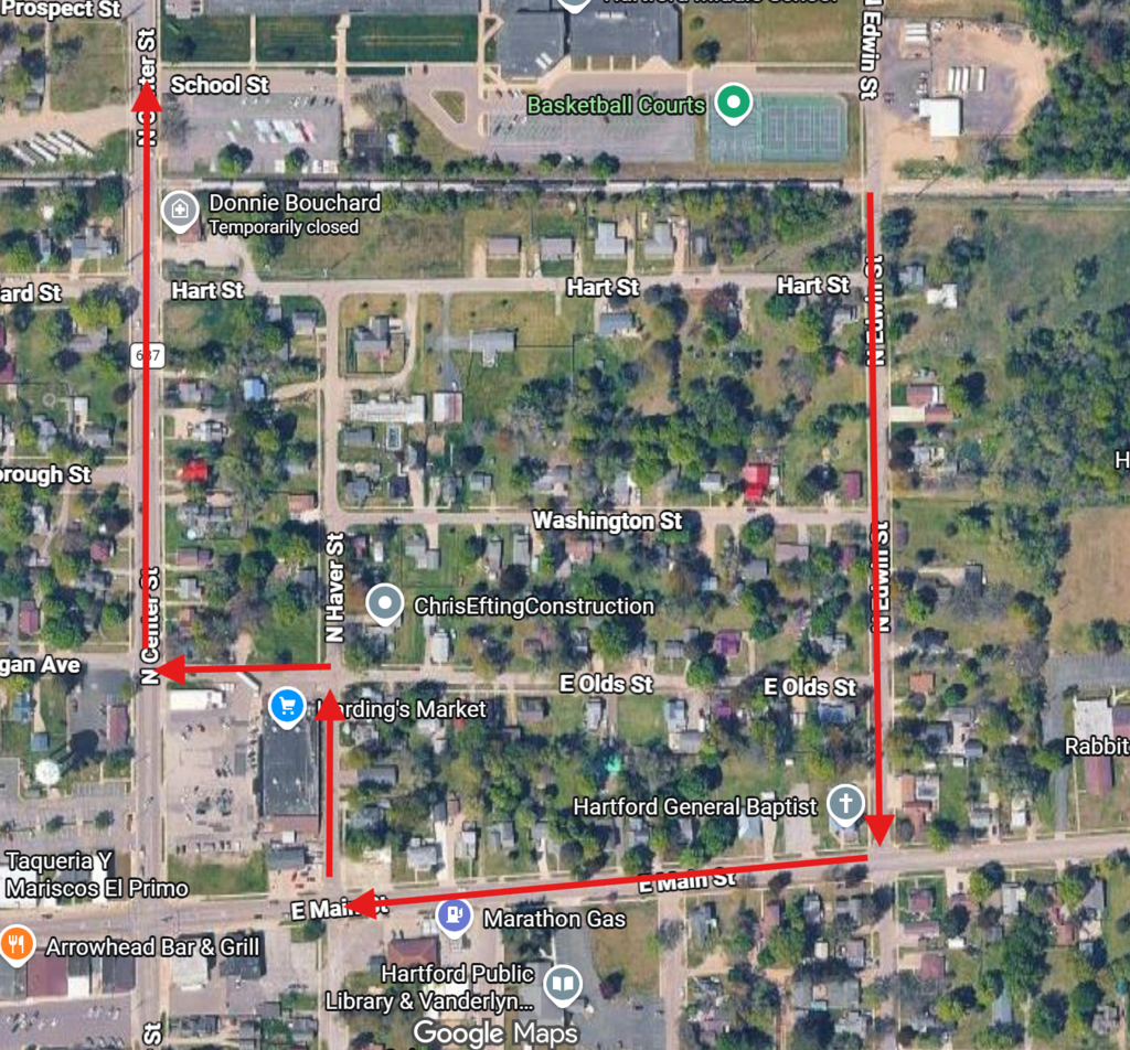 An aerial map of downtown Hartford showing a detour route marked with red arrows. The route directs traffic south on North Edwin Street, west on East Main Street, north on North Haver Street, west on East Olds Street, and north on North Center Street toward Prospect Street, bypassing the Main Street construction area.