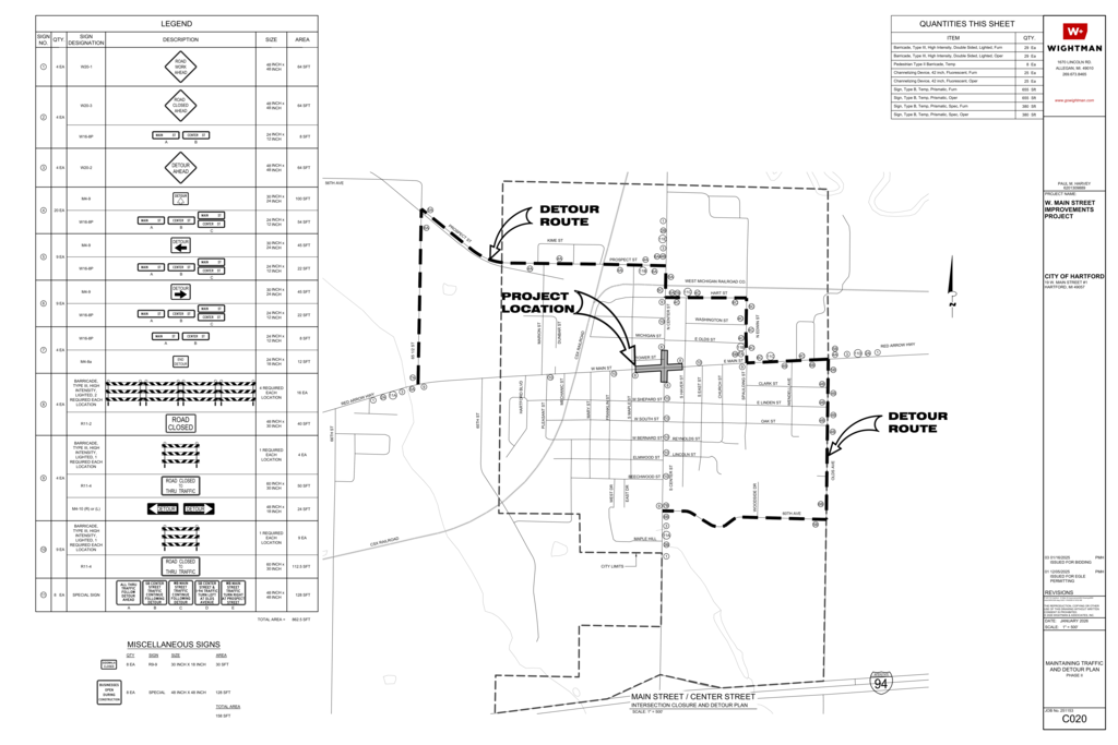 Main Street Construction Detour Plan A City of Hartford engineering map showing the Main Street and Center Street intersection closure and detour plan for the West Main Street Improvements Project. The map identifies the project location, designated detour routes, road closures, traffic control signs, and barricade placements throughout Hartford.