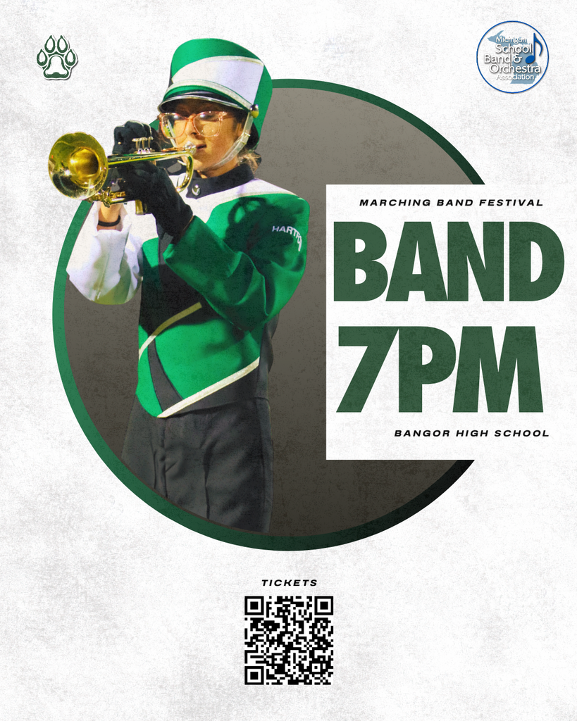 Graphic promoting the Marching Band Festival at Bangor High School at 7 PM. A Hartford marching band member plays the trumpet in front of a large green circle, with bold green event text to the right. The Hartford Husky paw logo appears in the upper right, and the Michigan School Band and Orchestra Association logo is featured at the bottom.