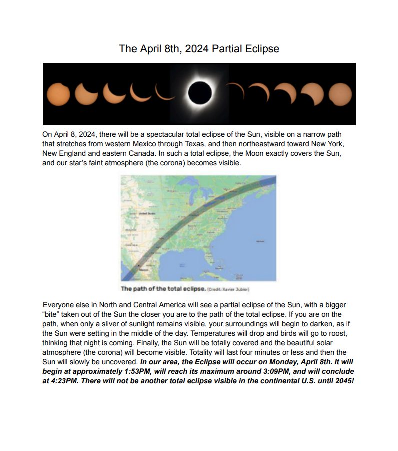 April 8th, Solar Eclipse Safety Reminder. We will be providing students and staff with Solar Eclipse glasses on Monday for a safe viewing experience. 