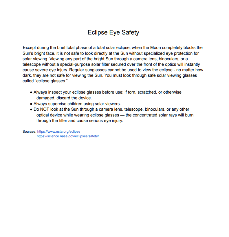 April 8th, Solar Eclipse Safety Reminder. We will be providing students and staff with Solar Eclipse glasses on Monday for a safe viewing experience. 