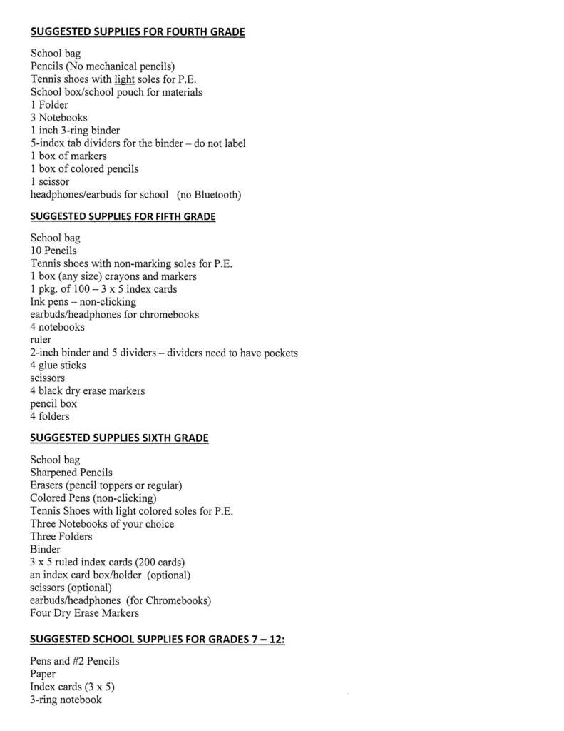 Grades 4-12 School Supply List
