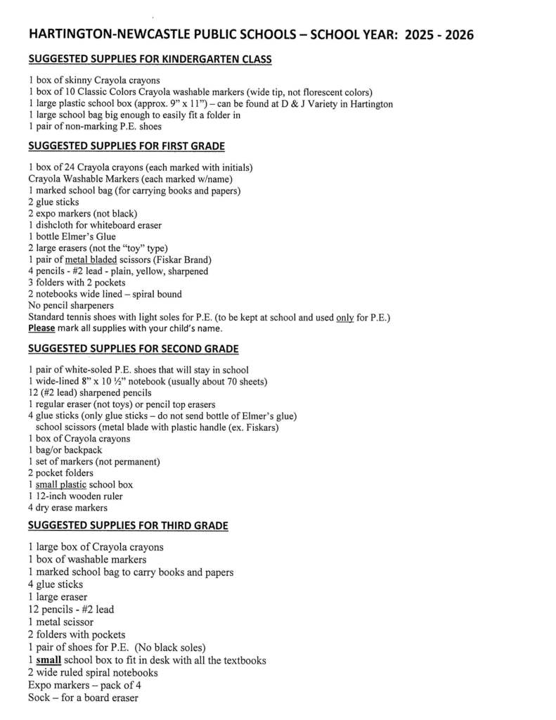 Grades K-3 School Supply List
