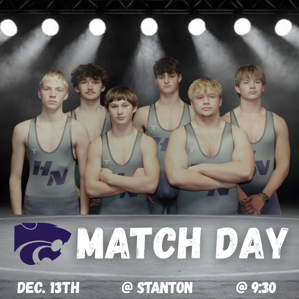 A promotional graphic featuring six high-school wrestlers standing in their singlets under bright stage lights. They are posed in two rows against a dark background, facing the camera with confident expressions. At the bottom of the image is a wrestling mat with the school’s wildcat logo on the left. Bold text reads “MATCH DAY,” and below it the details: “Dec. 13th,” “@ Stanton,” and “@ 9:30.”