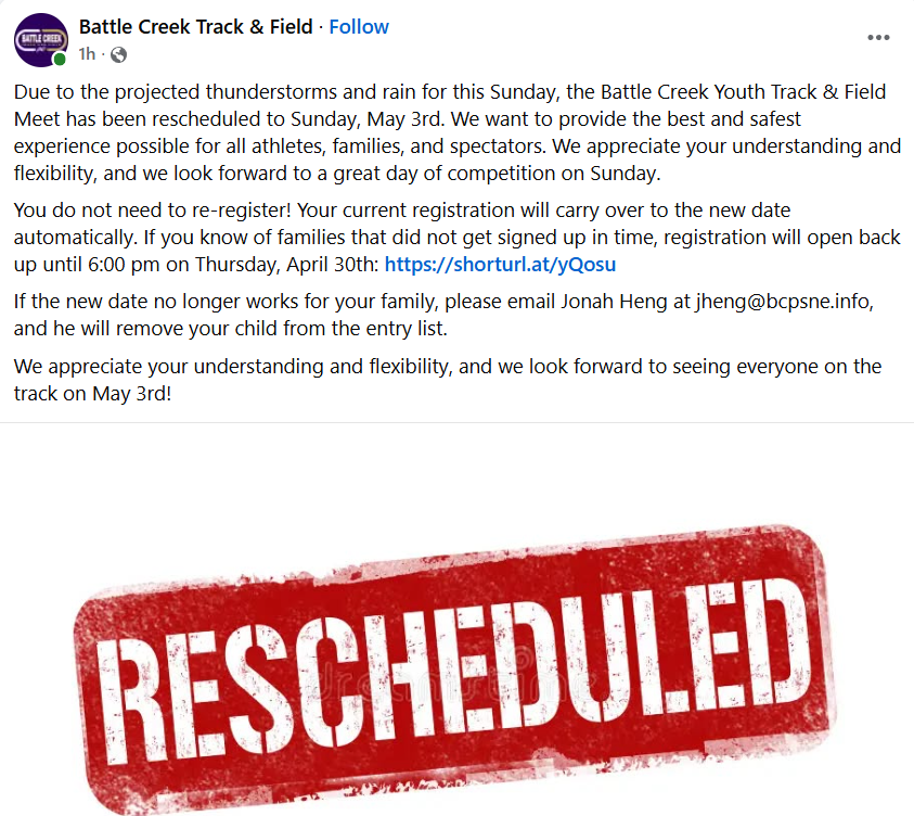 Battle Creek Youth Track Meet Rescheduled