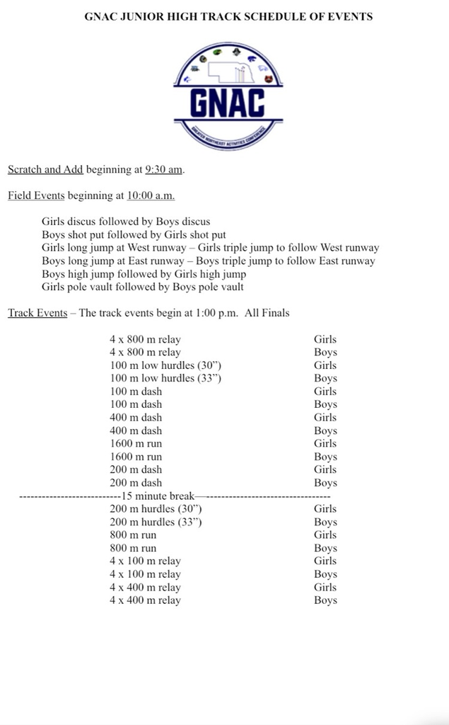 GNAC JH Track Schedule