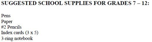 Suggested school supplies for grades 7–12: pens, paper, #2 pencils, 3×5 index cards, and a 3-ring notebook.