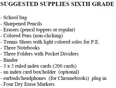 Suggested supplies for sixth grade: school bag, sharpened pencils, erasers, non-clicking colored pens, tennis shoes with light-colored soles for P.E., three notebooks, three pocket folders with dividers, binder, 200 ruled 3×5 index cards, optional index card holder, plug-in earbuds or headphones for Chromebooks, and four dry-erase markers.
