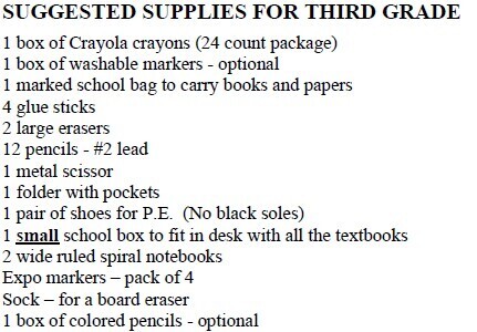 Suggested supplies for third grade: 24-count Crayola crayons, optional washable markers, labeled school bag, four glue sticks, two large erasers, twelve #2 pencils, metal scissors, pocket folder, P.E. shoes with non-black soles, small school box, two wide-ruled spiral notebooks, four Expo markers, a sock for a board eraser, and optional colored pencils