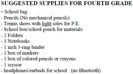 Suggested supplies for fourth grade: school bag, pencils (no mechanical pencils), tennis shoes with light soles for P.E., school box or pouch, two folders, three notebooks, 1-inch 3-ring binder, box of markers, colored pencils or crayons, scissors, and wired headphones or earbuds (no Bluetooth).