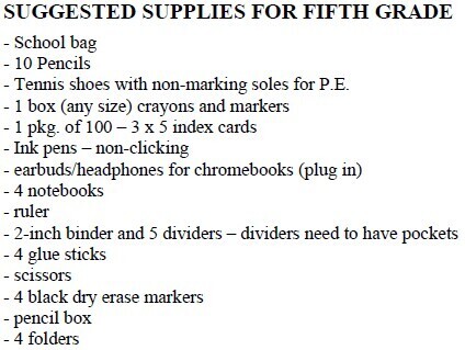 Suggested supplies for fifth grade: school bag, 10 pencils, tennis shoes with non-marking soles for P.E., crayons and markers, 100 3×5 index cards, non-clicking ink pens, plug-in earbuds or headphones for Chromebooks, four notebooks, ruler, 2-inch binder with five pocket dividers, four glue sticks, scissors, four black dry-erase markers, pencil box, and four folders