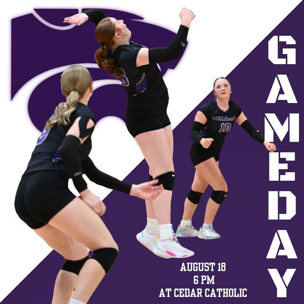 Game Day graphic for volleyball featuring three players in black and purple uniforms in action. A large purple school logo fills the background, with “GAME DAY” written vertically in white on the right. Text at the bottom reads: “August 18, 6 PM, at Cedar Catholic.”