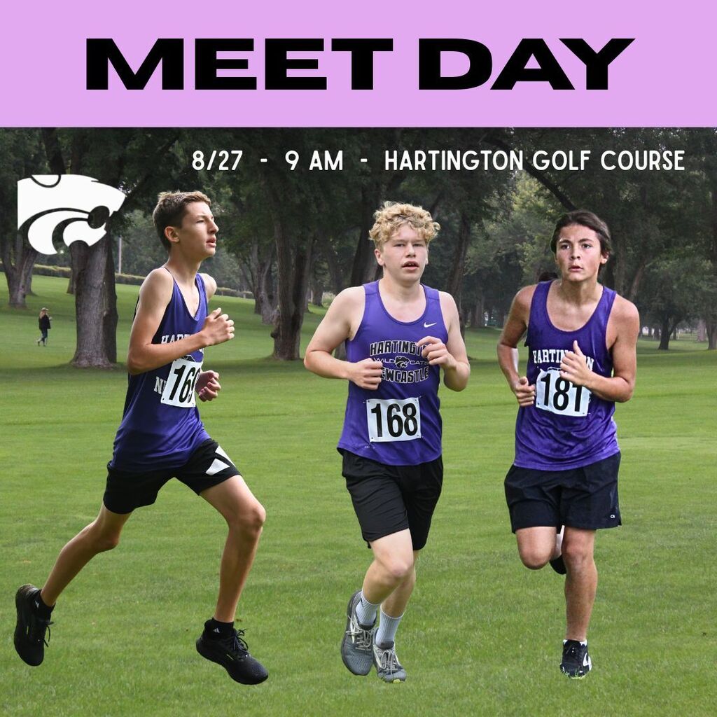 “Meet Day poster shows three Hartington cross-country runners racing on a grassy golf course; event is 8/27 at 9 AM,.”