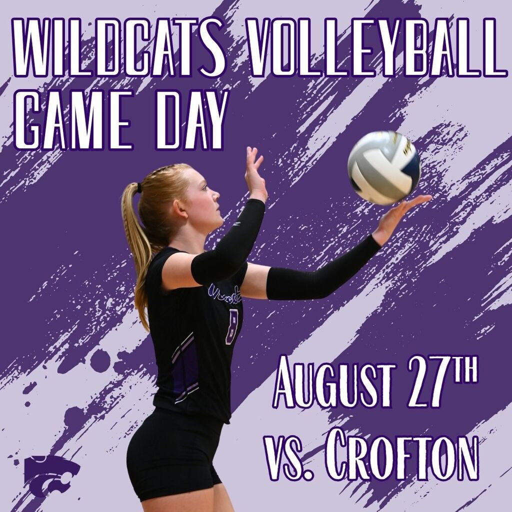 Wildcats Volleyball Game Day graphic featuring a volleyball player preparing to serve against a purple-and-lavender brushstroke background. Text reads “Wildcats Volleyball Game Day,” “August 27th,” and “vs. Crofton.”