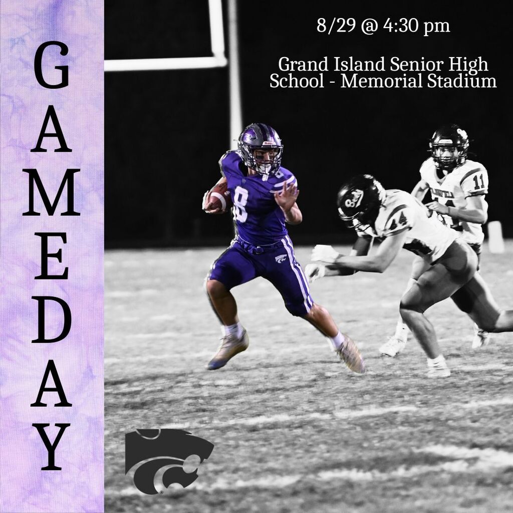 Game Day graphic: Grand Island football player #8 runs past defenders at Memorial Stadium, with kickoff set for 8/29 at 4:30 p.m.