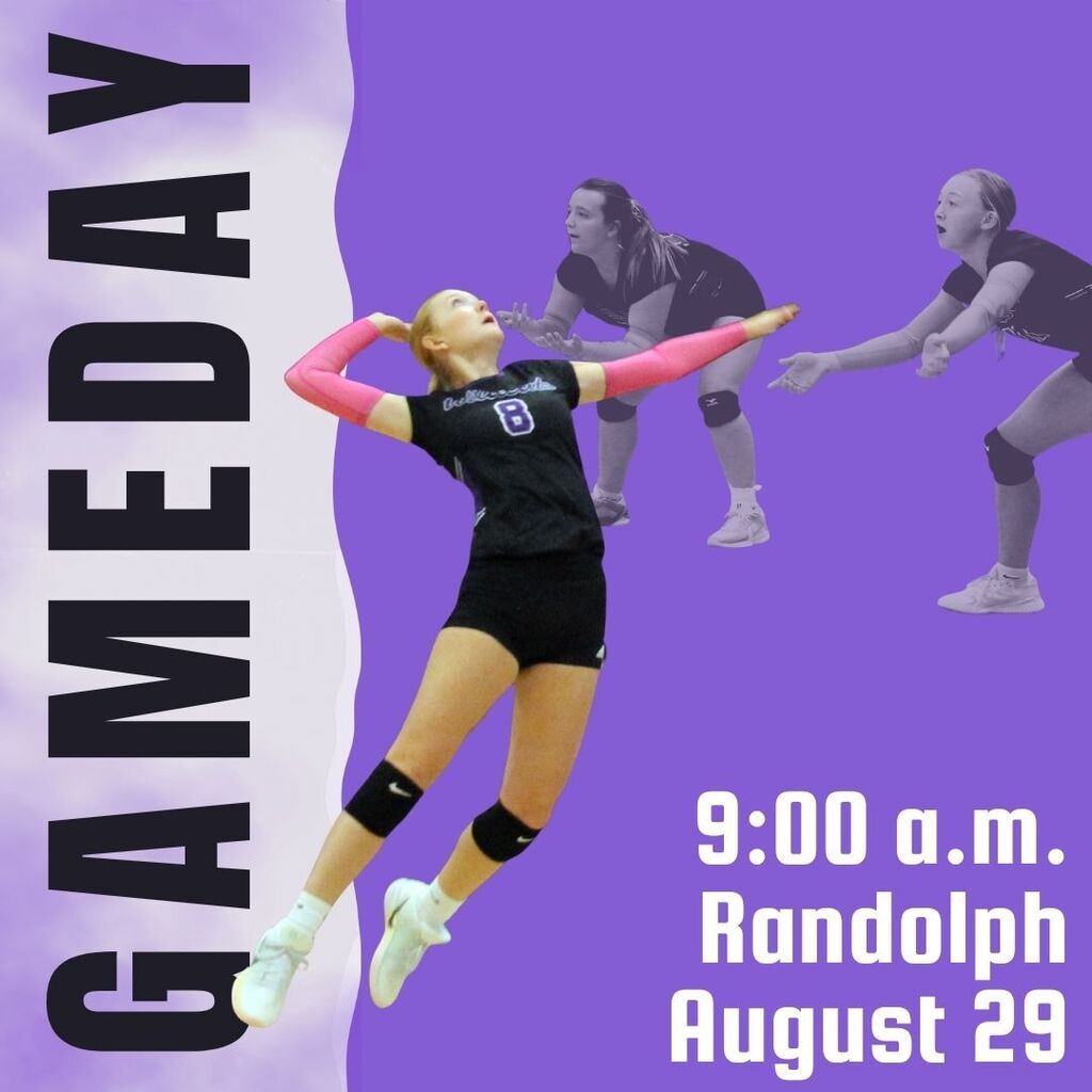 Purple volleyball game poster with three female players in action; bold text reads “GAME DAY,” “9:00,” “Randolph,” and “August 29.”