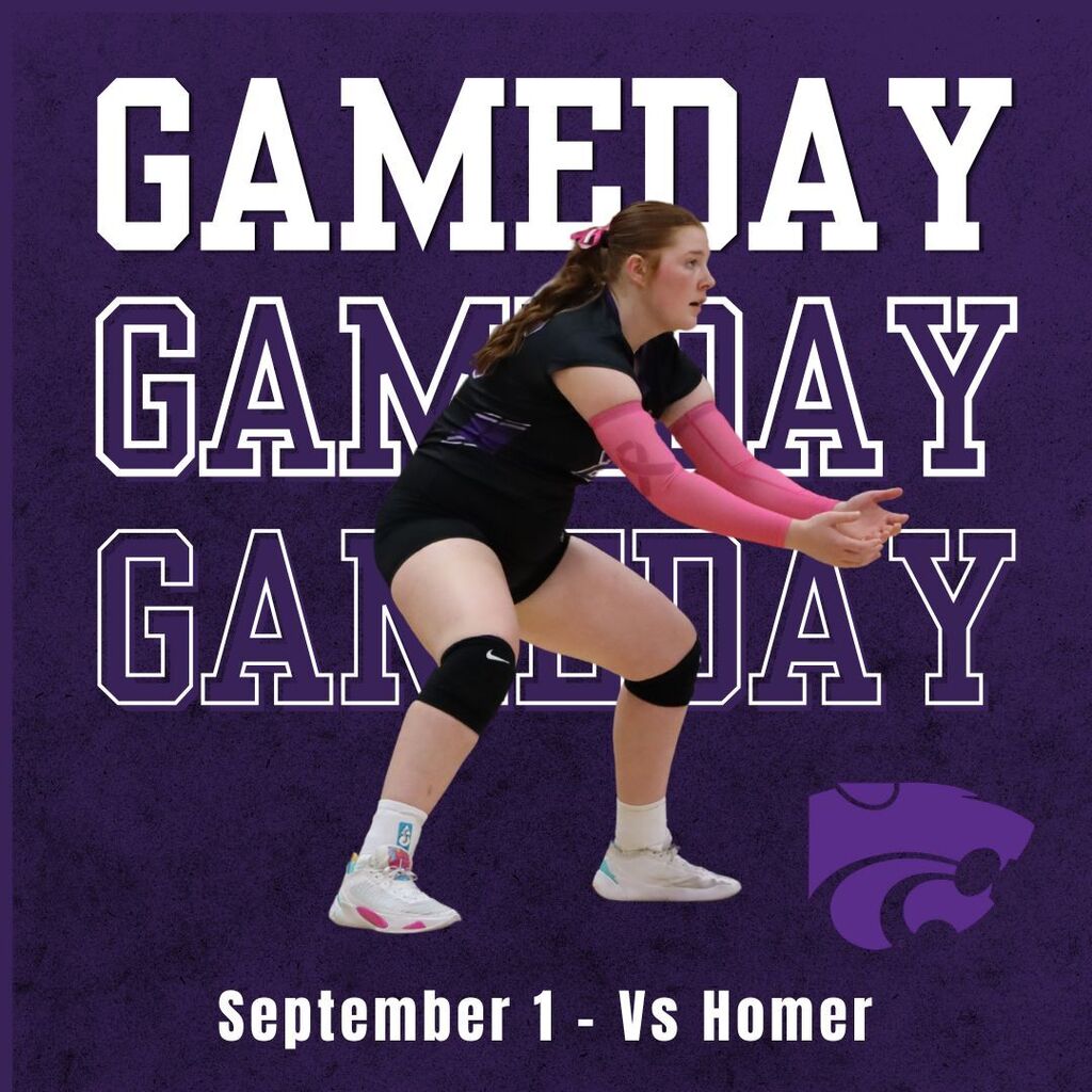 Purple volleyball game-day graphic featuring a female player in a defensive stance, with “September 1 – Vs Homer” and wildcat logo.