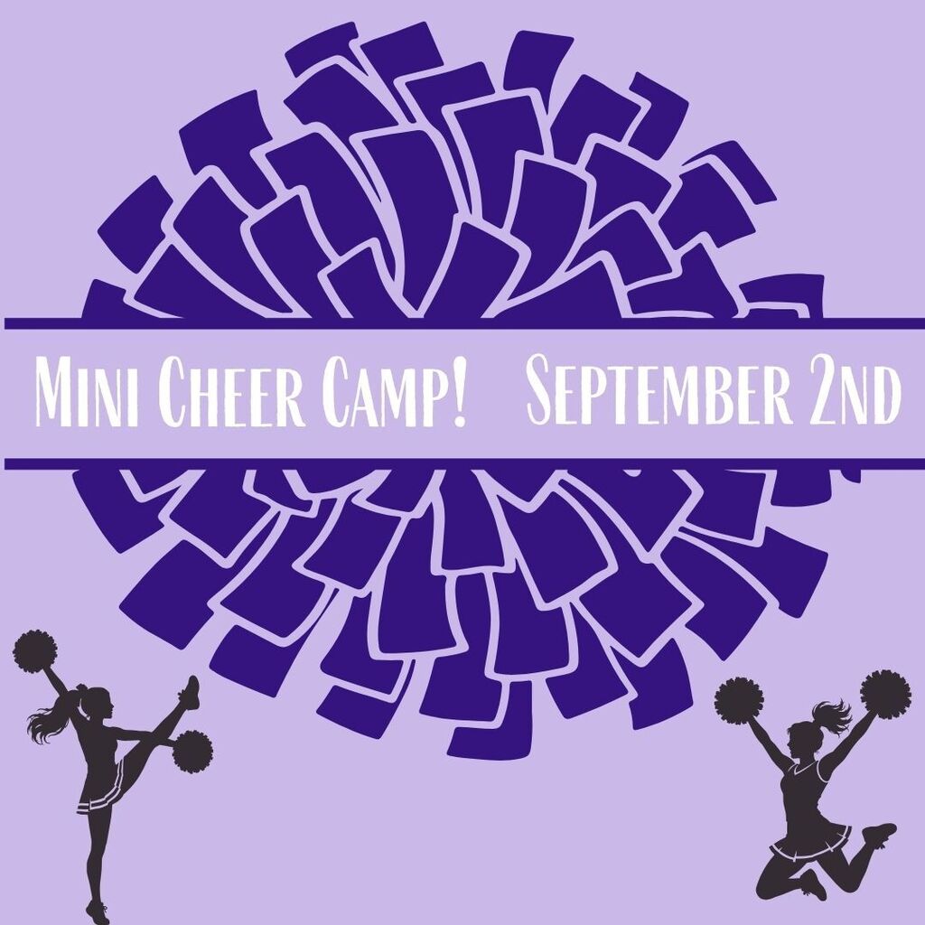 Lavender flyer with a dark purple pom-pom burst, banner reading “Mini Cheer Camp! September 2nd,” and two cheering silhouettes.