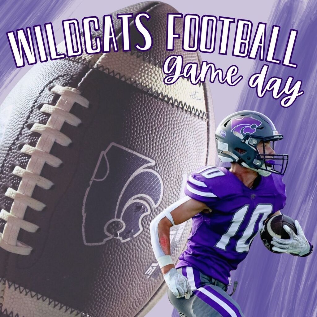 Graphic for Wildcats football game day: purple football player runs with the ball beside a close-up football, with bold celebratory lettering.