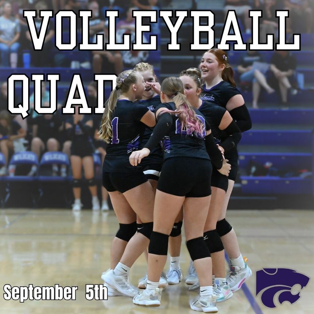 Volleyball team in black uniforms huddles and celebrates on a gym court; graphic reads “Volleyball Quad” and “September 5th,” conveying team spirit.