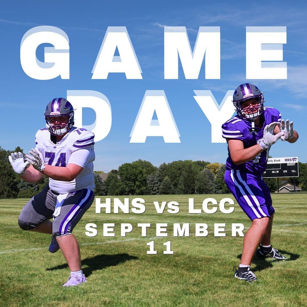 Football game-day graphic with two purple-and-white players on a sunny field; text reads “GAME DAY,” “HNS vs LCC,” and “September 11.”