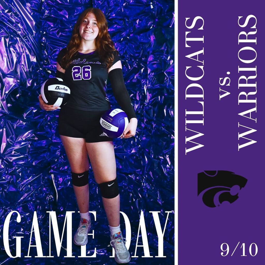 Volleyball player in black No. 26 uniform holds two balls before a purple foil backdrop; graphic reads Wildcats vs. Warriors, Game Day 9/10.