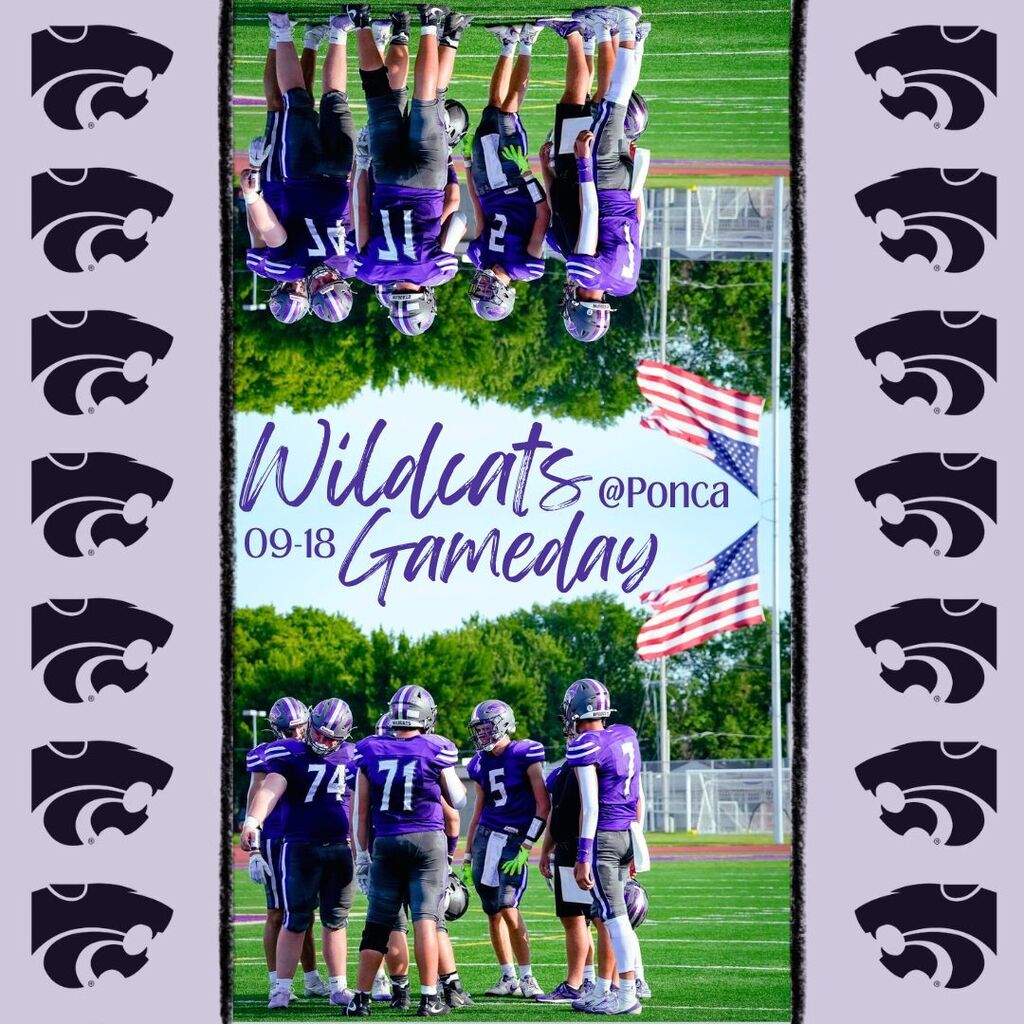 Wildcats Gameday poster for Ponca, dated 09-18, featuring purple football players, American flags, and repeated wildcat logos.