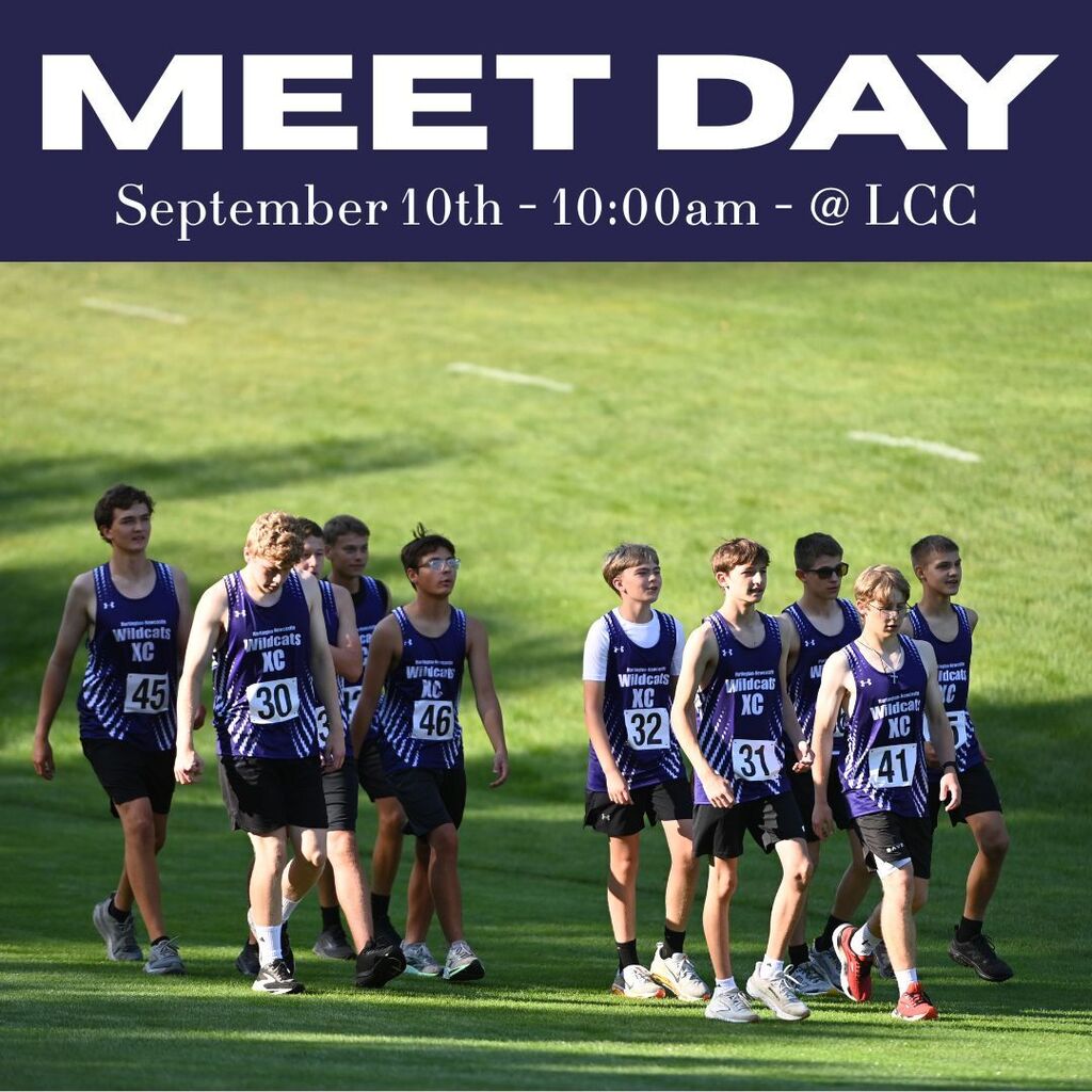 “Meet Day” graphic: cross-country runners in uniforms walk across a grassy field. Event details: September 10th, 10:00 a.m. at LCC.