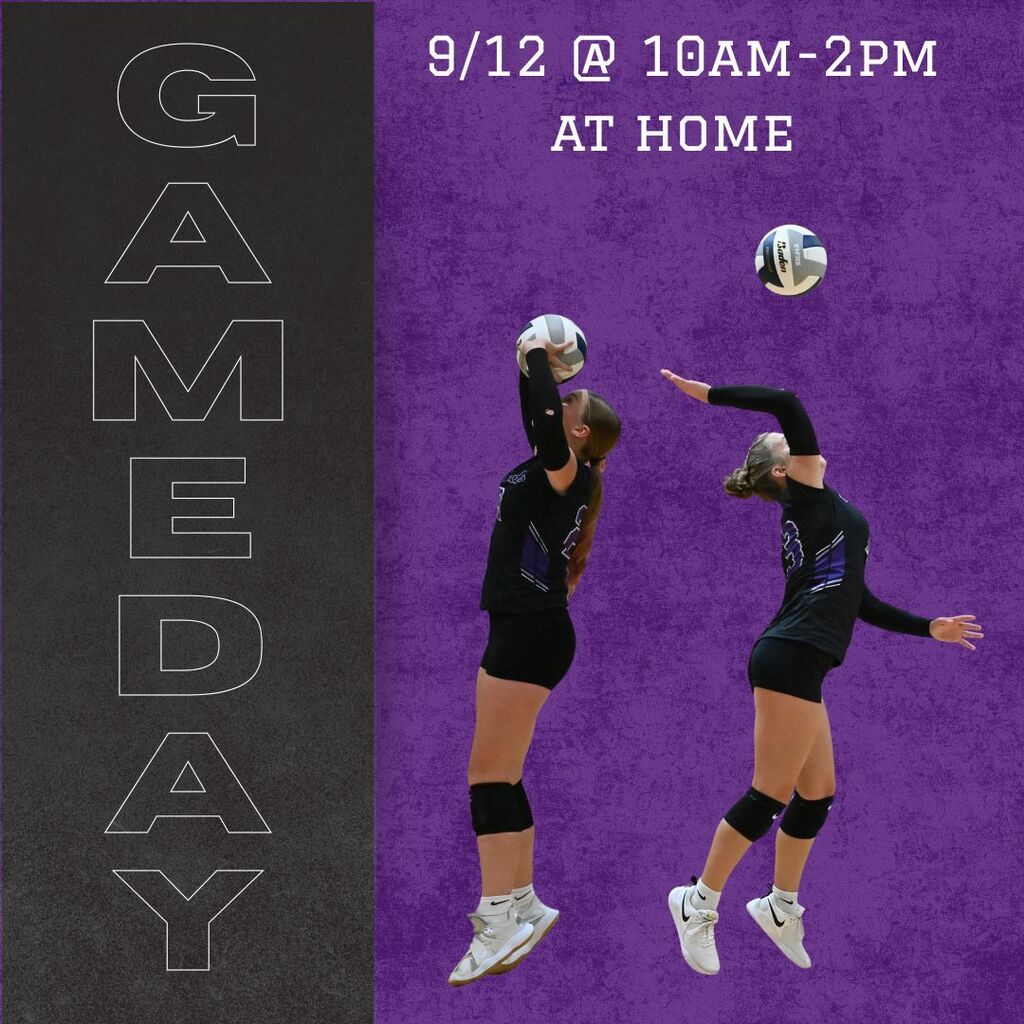 Gameday volleyball flyer: two players leap to spike and block balls on a purple background. Event is 9/12, 10 AM–2 PM, at home.