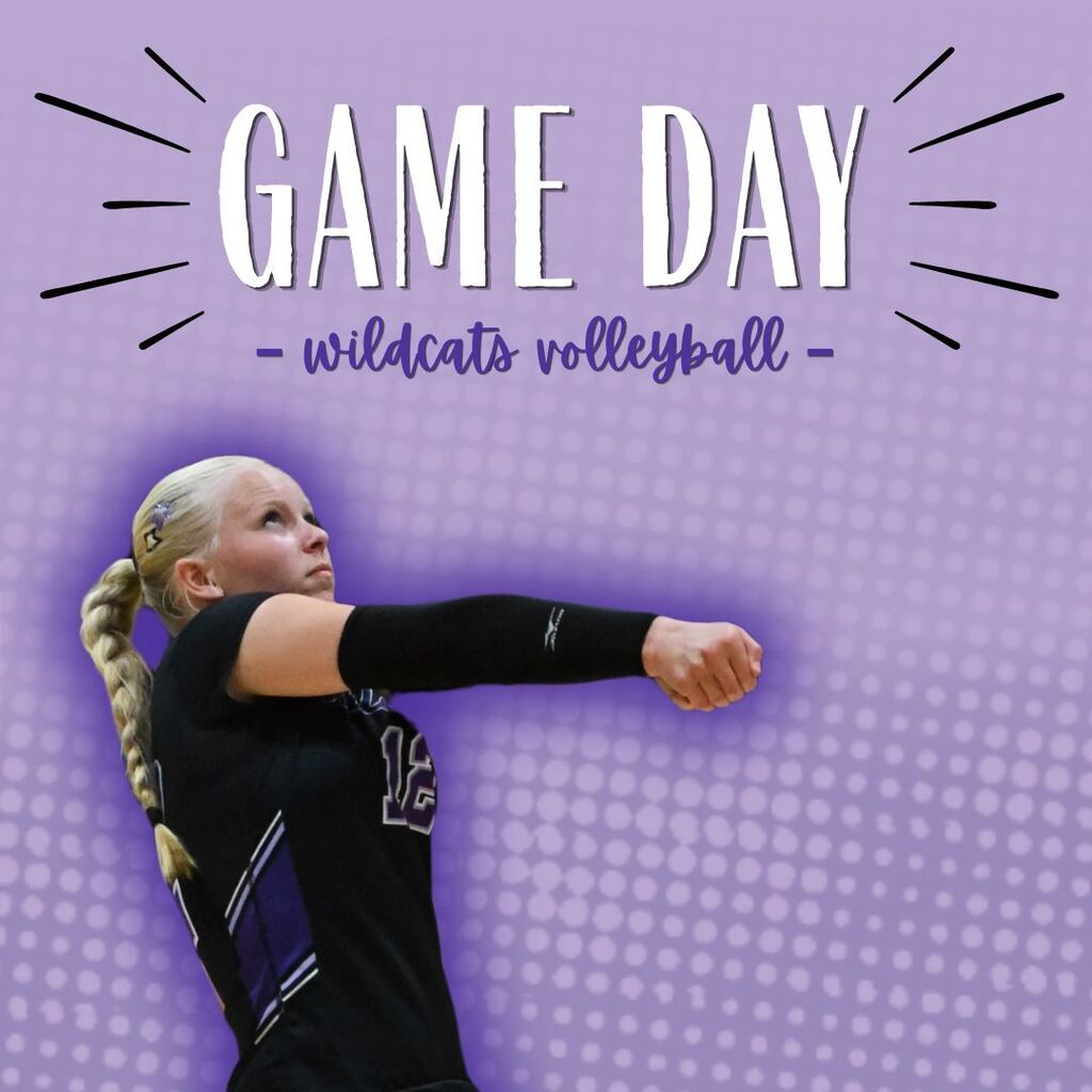 Purple “GAME DAY – Wildcats volleyball” graphic showing a focused volleyball player in black uniform and arm sleeve.