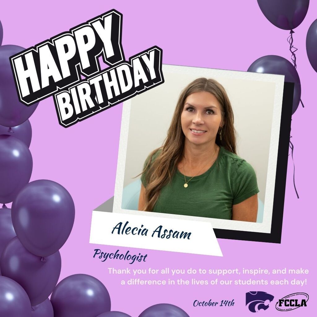 Alt Text: Purple birthday graphic featuring balloons and a photo of Alecia Assam, Psychologist. Text reads, “Happy Birthday,” and thanks her for supporting, inspiring, and making a difference in the lives of students each day. Her birthday is October 14th.