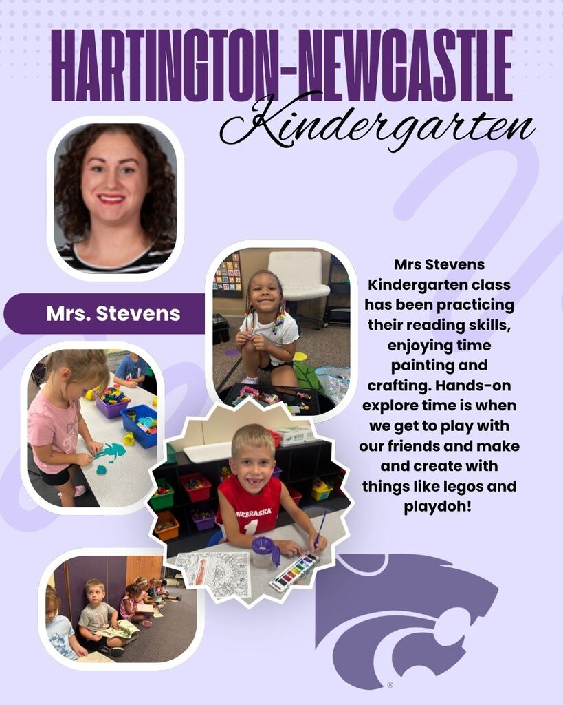Alt Text: Hartington-Newcastle Kindergarten spotlight featuring Mrs. Stevens and photos of kindergarten students participating in classroom activities, including painting, crafts, reading, building with LEGOs, and other hands-on learning activities.