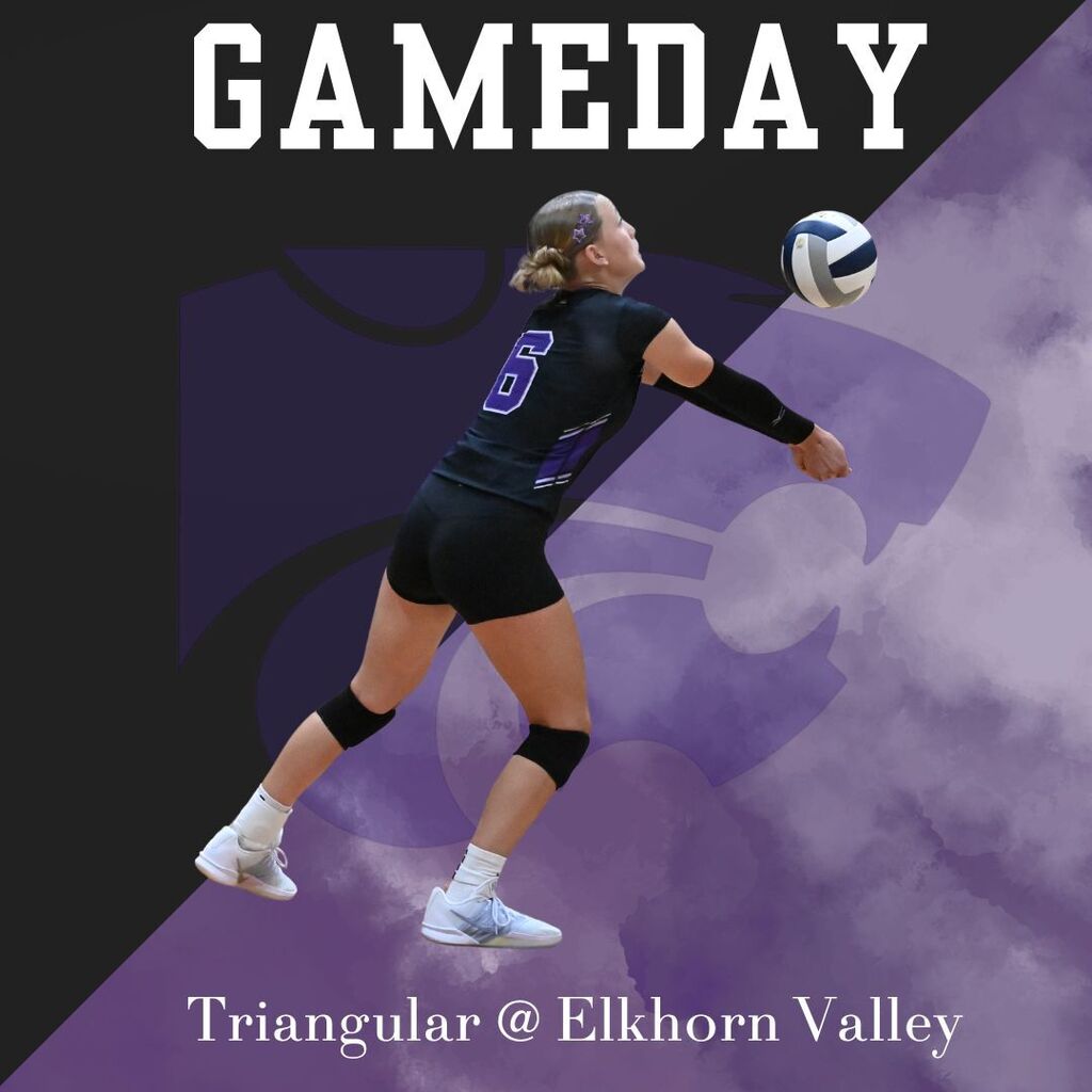 Gameday volleyball graphic featuring a female player in black uniform reaching for a ball, with purple smoke and text: “Triangular @ Elkhorn Valley.”