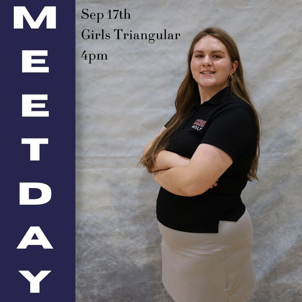 Meetday sports event poster shows a smiling woman in a black polo, arms crossed, with text: “Sep 17th, Girls Triangular, 4pm.”