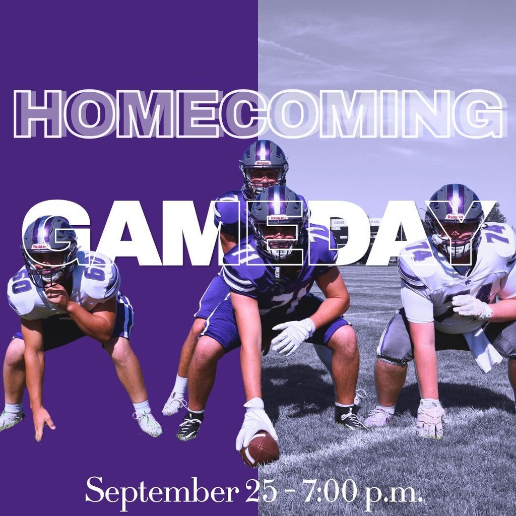 Four football players in purple uniforms pose on a field beneath bold “GAMEDAY” text and "HOMECOMING" text; promo announces September 25 at 7:00 p.m.
