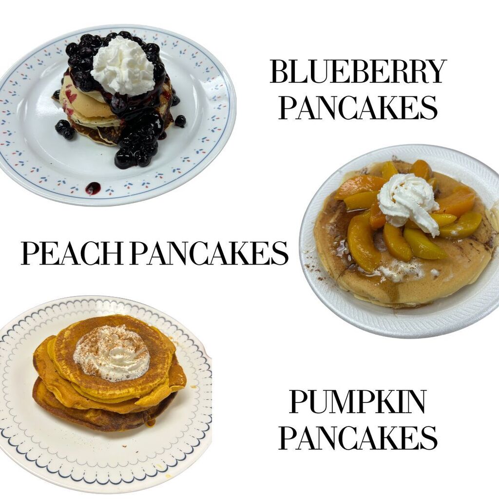Collage of blueberry, peach, and pumpkin pancakes on plates, each topped with fruit and whipped cream; labeled flavors create a cozy, appetizing tone.