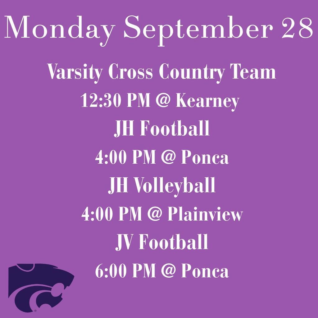 Purple sports schedule for Monday, September 28: cross country at Kearney, JH football and volleyball, and JV football at Ponca.