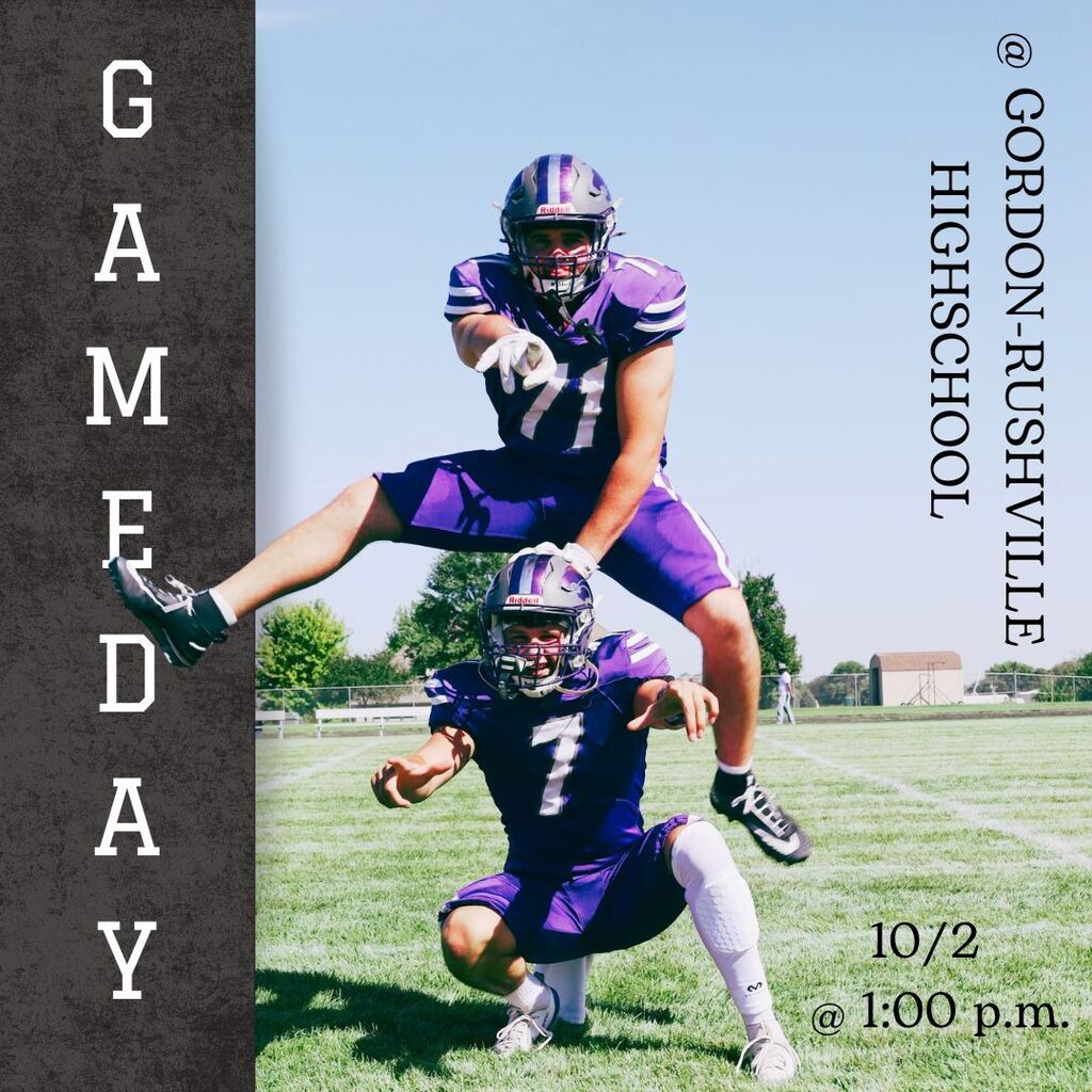 Promotional graphic for Hartington-Newcastle football shows two purple-uniformed players in a dramatic leapfrog pose on a sunny field; game date: 10/2 at 1 p.m.