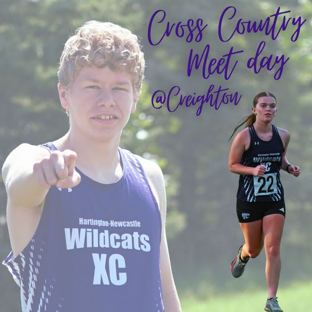 Promotional cross-country meet graphic shows a smiling male runner pointing toward the viewer and a female runner in a Wildcats uniform; purple script reads “Meet day @Creighton.”