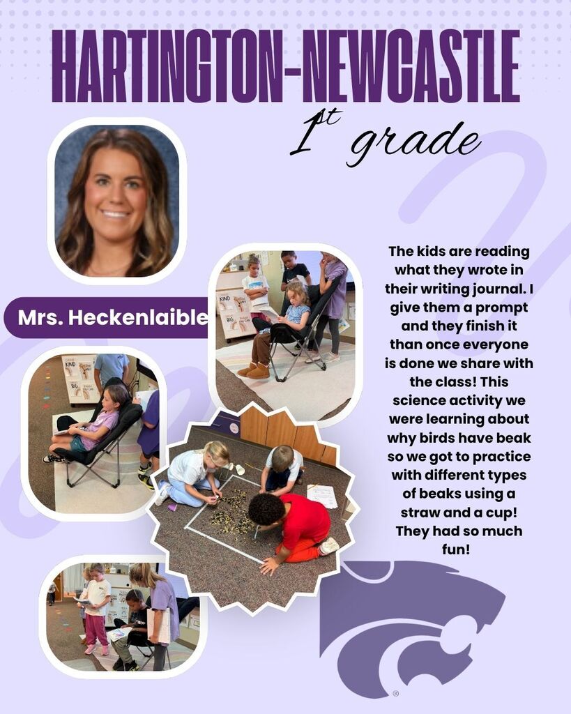 “‘Hartington–Newcastle at 1st grade’ poster shows teacher Mrs. Heckenliable and children testing bird beaks with straws and cups—an upbeat, hands-on science activity.”