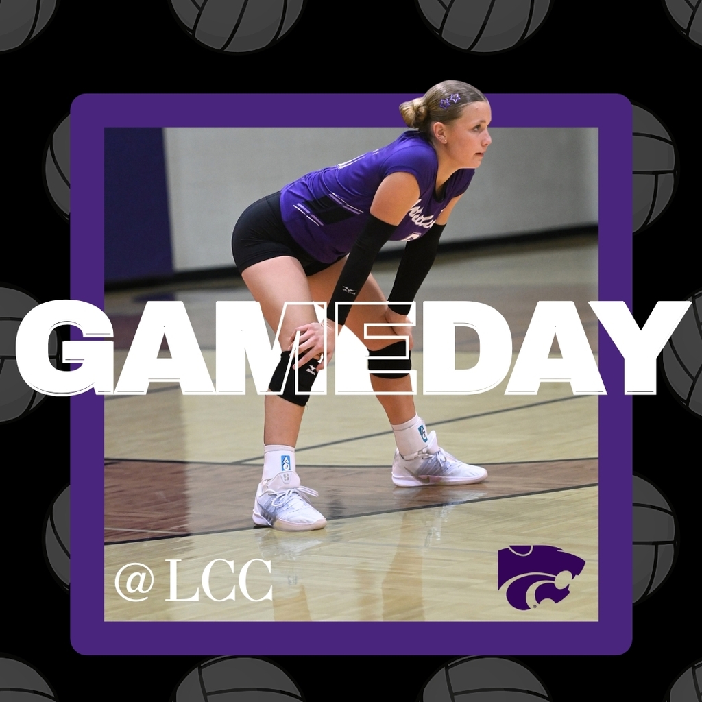 A focused female volleyball player in purple and black crouches on an indoor court, framed in purple with bold “GAMEDAY” text, @LCC, and a mascot logo.