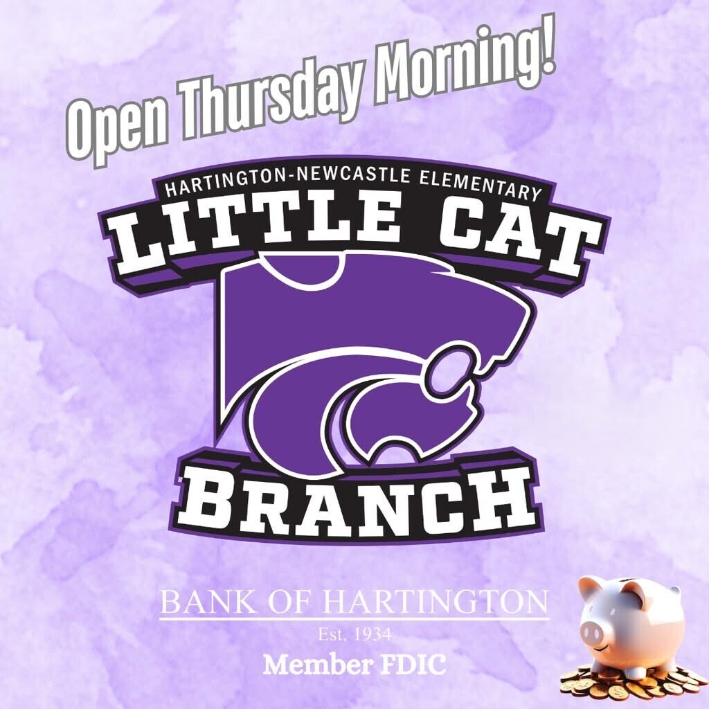 Purple watercolor poster announces “Open Thursday Morning!” for Hartington-Newcastle Elementary’s Little Cat Branch, with a purple cat logo and piggy bank.