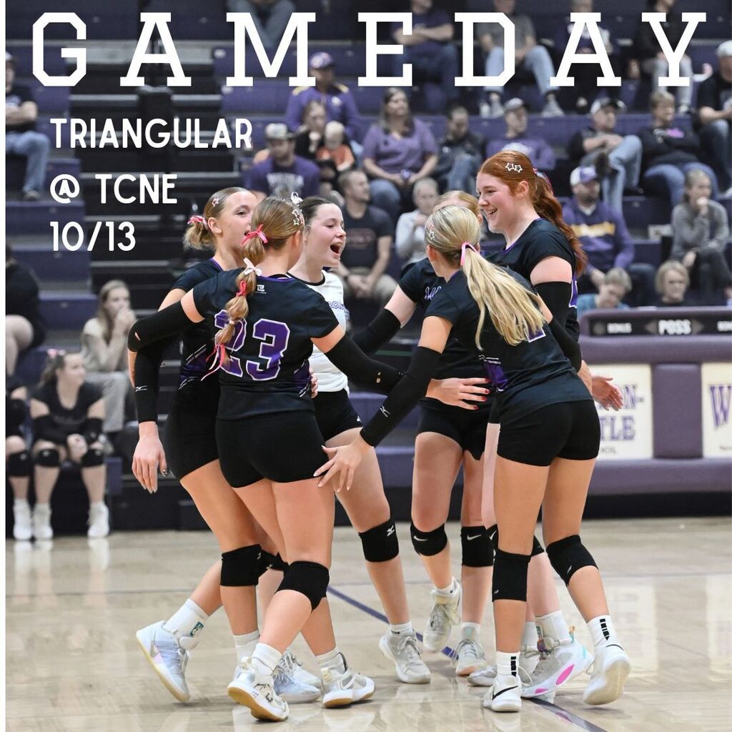 Six volleyball players huddle together on an indoor court, smiling before a game. Text reads “GAMEDAY,” “TRIANGULAR,” “@ TCNE,” and “10/13,” creating an upbeat team-spirit tone.