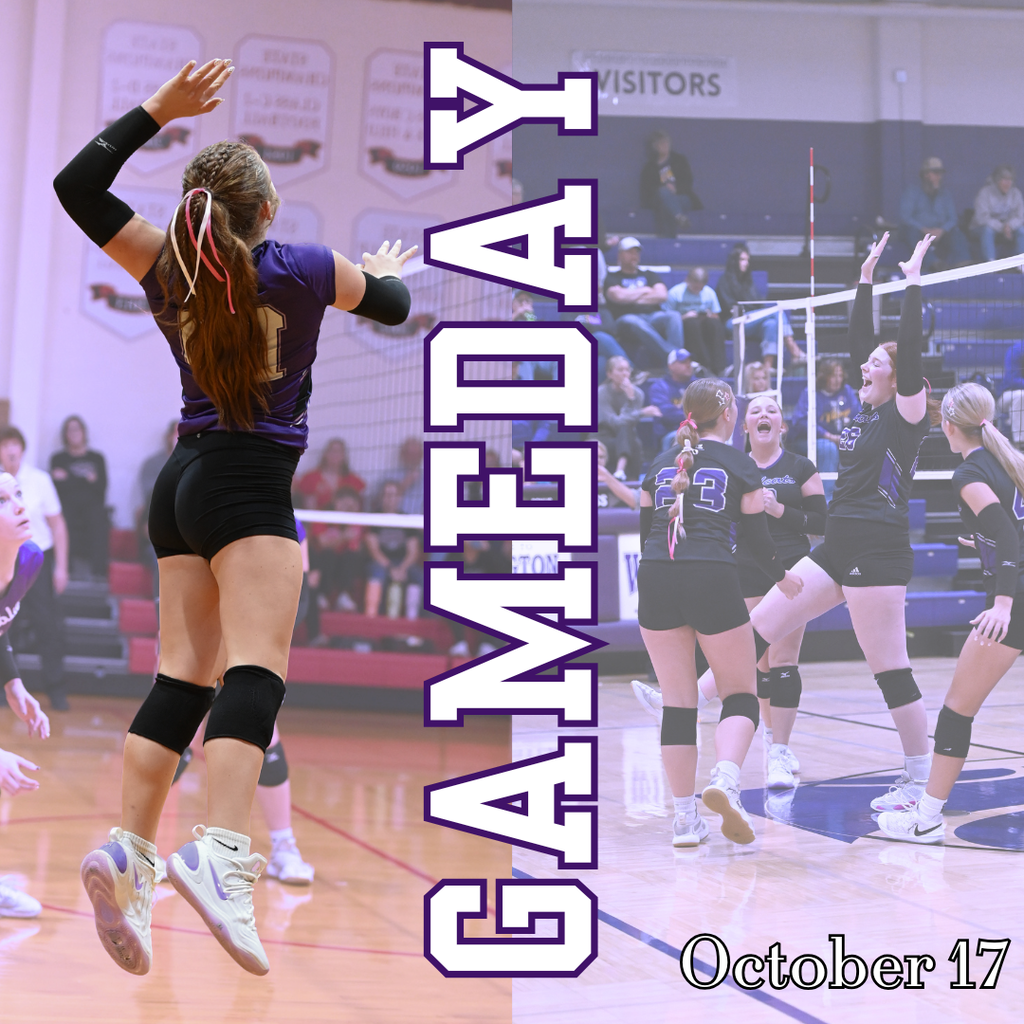 Volleyball player serves as teammates celebrate near the net; purple-tinted game collage reads “GAMEDAY” and “October 17,” with energetic school spirit.