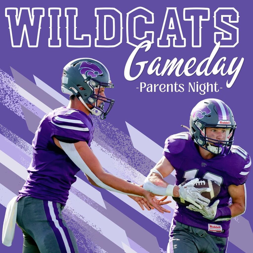 Purple “Wildcats Gameday – Parents Night” football graphic featuring two players in purple uniforms exchanging the ball, with energetic diagonal stripes.