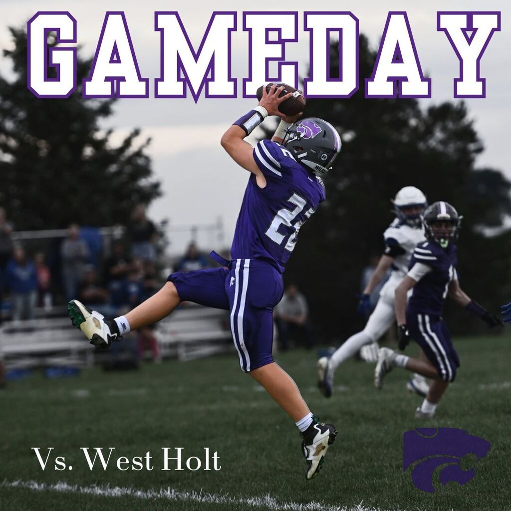 “GAMEDAY” graphic shows a purple-clad football player leaping to catch a ball as opponents run nearby; “Vs. West Holt” and a team logo add a spirited feel.