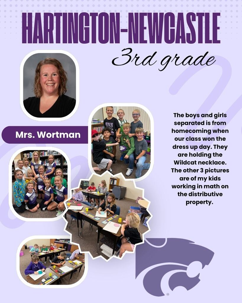 Lavender “Hartington–Newcastle 3rd grade” class collage with teacher Mrs. Wortman, students working on math and posing with a Wildcat necklace; cheerful school pride.