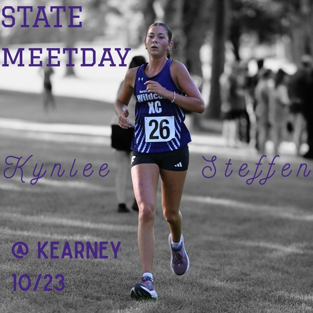 Kearney cross-country runner Kaylee Steffen races at the state meet, wearing bib 26; purple text announces the event and date, 10/23.