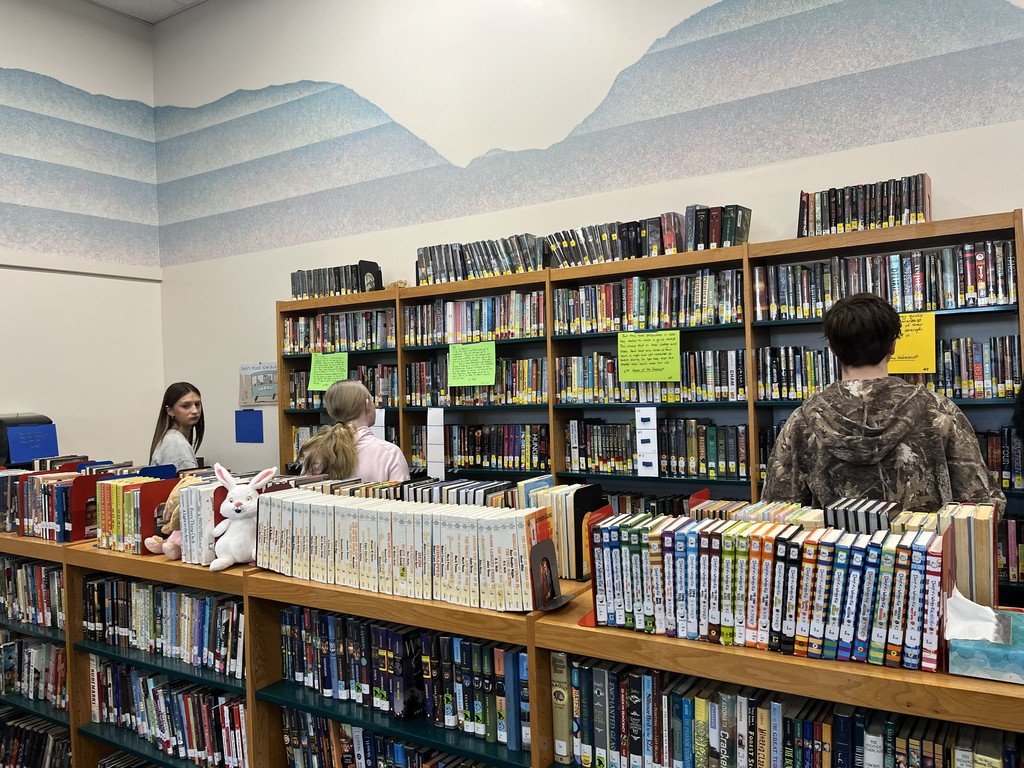 students looking at posters on wall of library