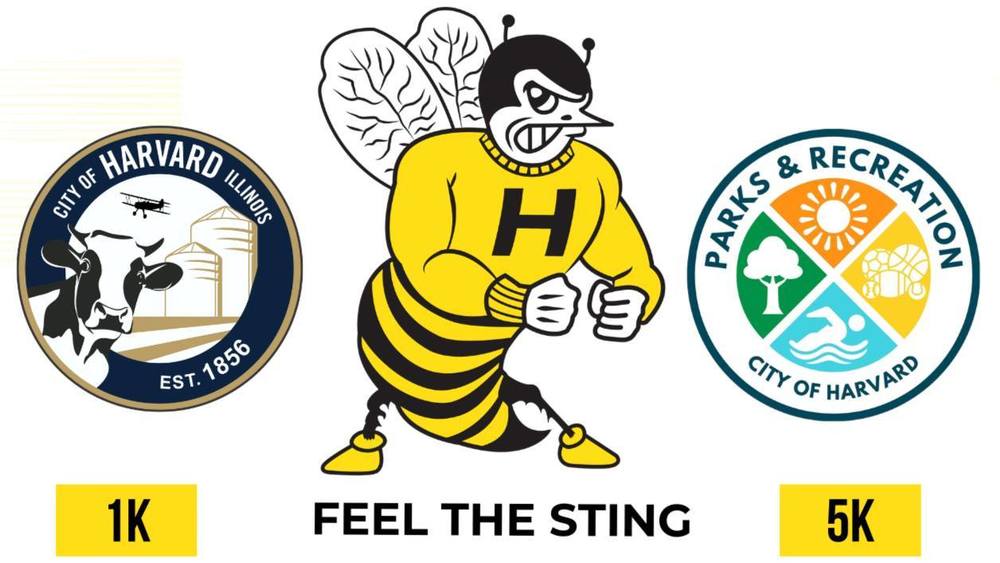Hornet Hustle text with City of Harvard, City of Harvard Parks & Rec and District logo